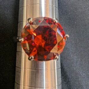 LARGE Solitaire Ring Womens 9 Red/Orange Round Gemstone Silver Tone Classic Bold